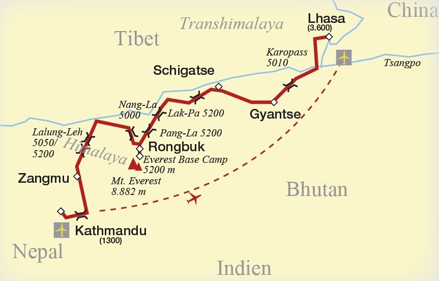 Anreise in Tibet mit Fahrzeug von Kathmandu nach Lhasa.