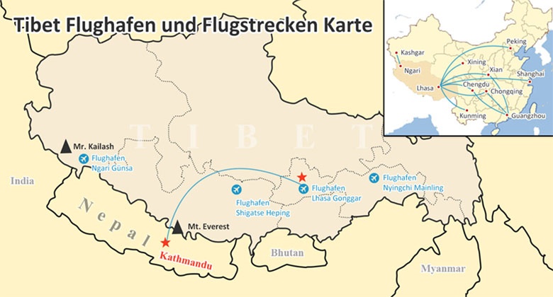 Flughäfen und Flugverbindungen innerhalb von Tibet