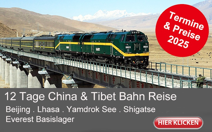 12 Tage Tibet Bahnreise von Beijing nach Lhasa. Geführte Gruppenreise mit Besichtigung in Peking, Lhasa, Shigatse, Rongbuk und Everest Basecamp.