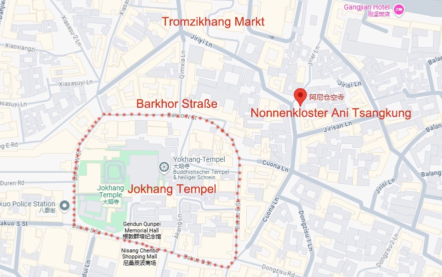 Die Innenstadt von Lhasa, mit Jokhang Tempel und Barkhor Straße