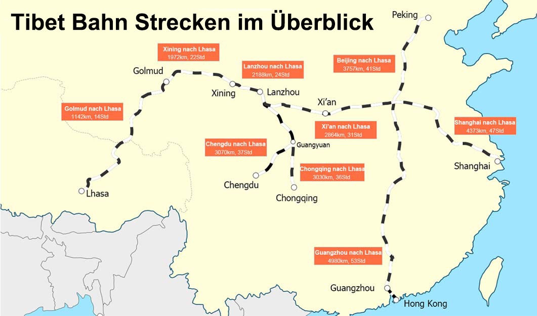 Streckenkarte der Tibet Bahn